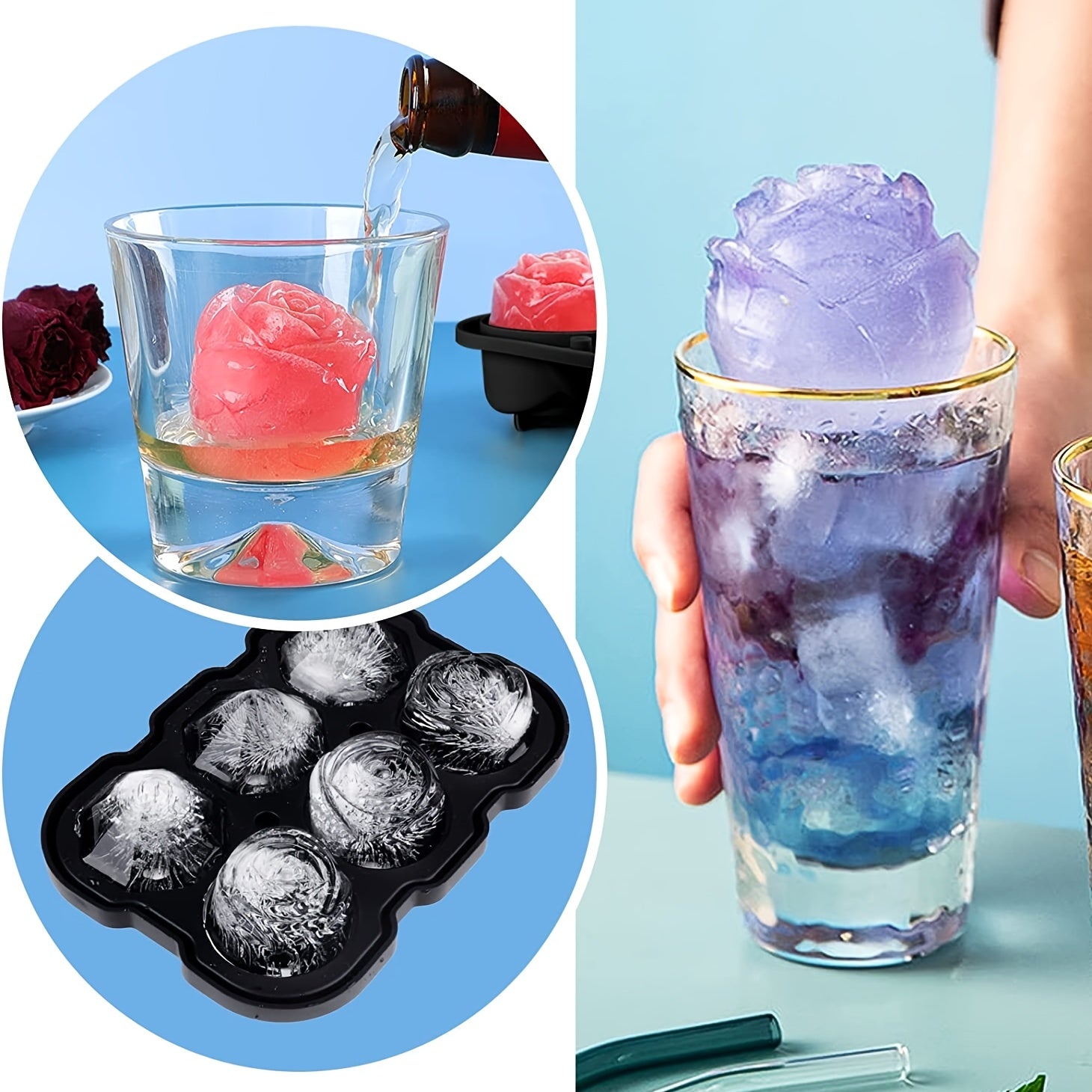Silicone Ice Tray with Lid for Large Ice Cubes, 3-Chamber Diamond Ball, Suitable for Party Drinks
