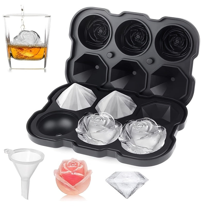 Silicone Ice Tray with Lid for Large Ice Cubes, 3-Chamber Diamond Ball, Suitable for Party Drinks