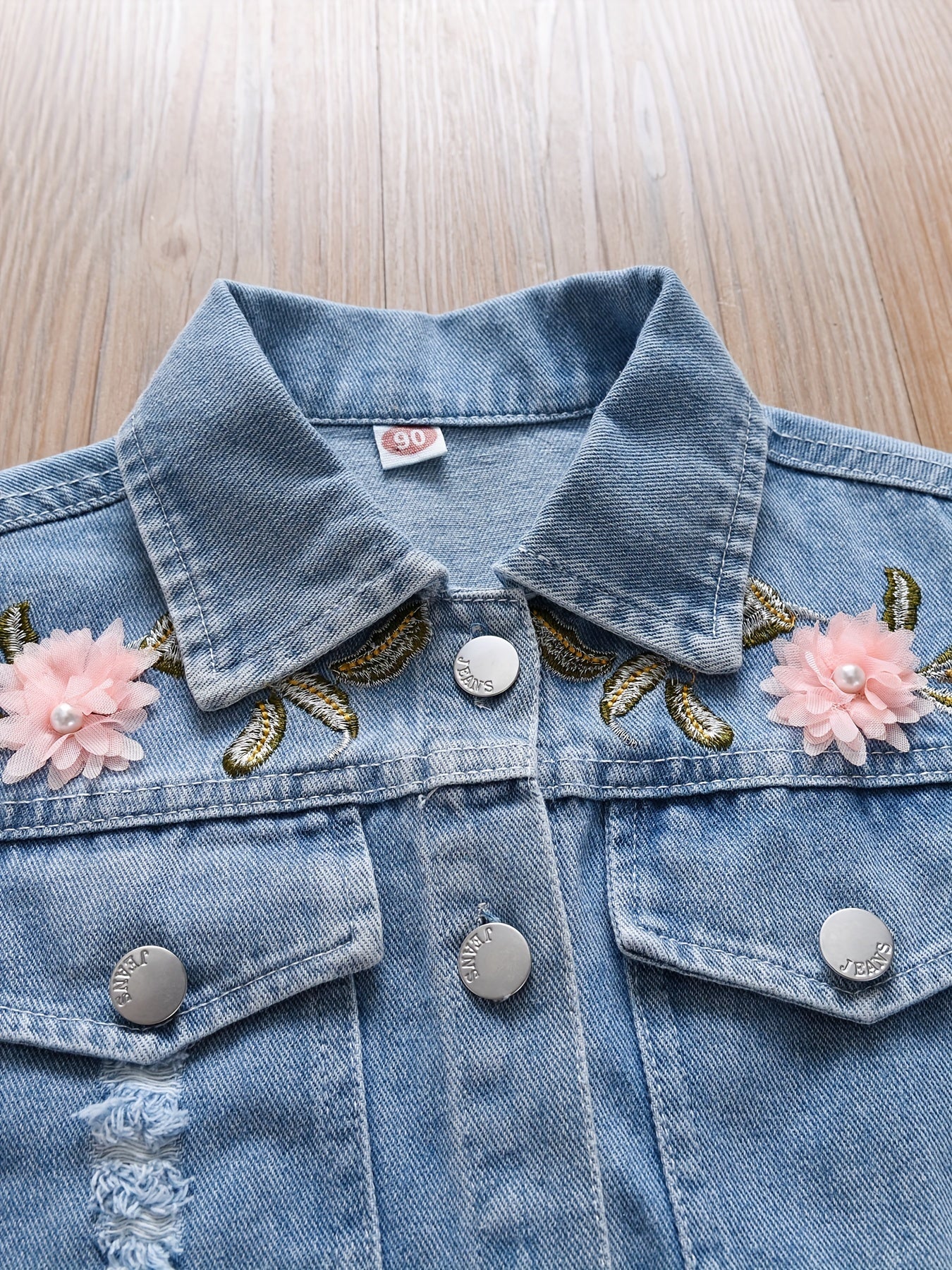 Girls Embroidered Denim Jacket with Collar Cotton Blend Long Sleeve Spring Fall