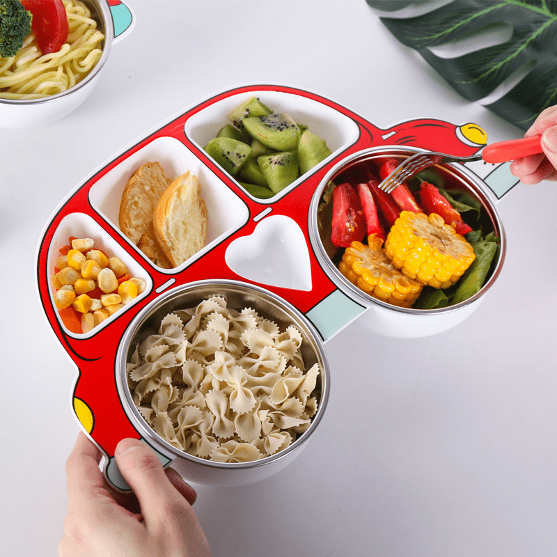 Набор из 4-х разделенных тарелок с крышками, изготовленных из нержавеющей стали 304. Имеет дизайн с мультяшной машинкой и противоударные свойства, подходит для детей.