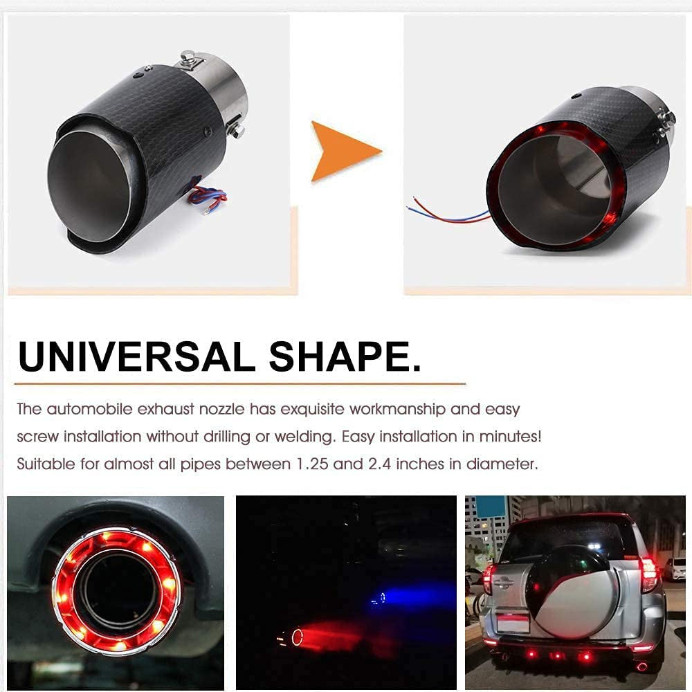Punta de escape de fibra de carbono con luces LED, acero inoxidable, ajuste universal para coches y camiones
