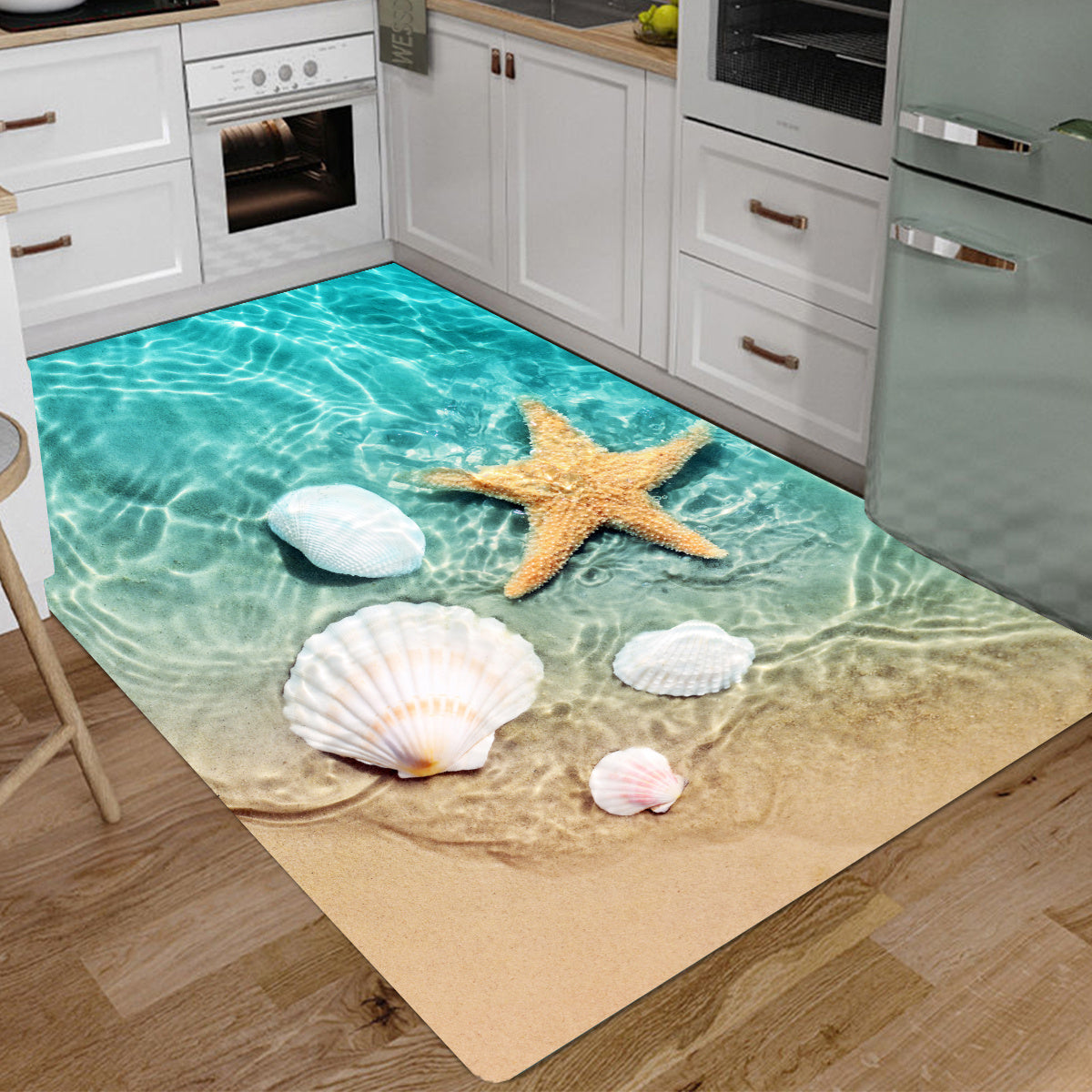 Bright 3D Print Non-Slip Bath Rug Sponge Foam Flannel Seashell Beach Decor