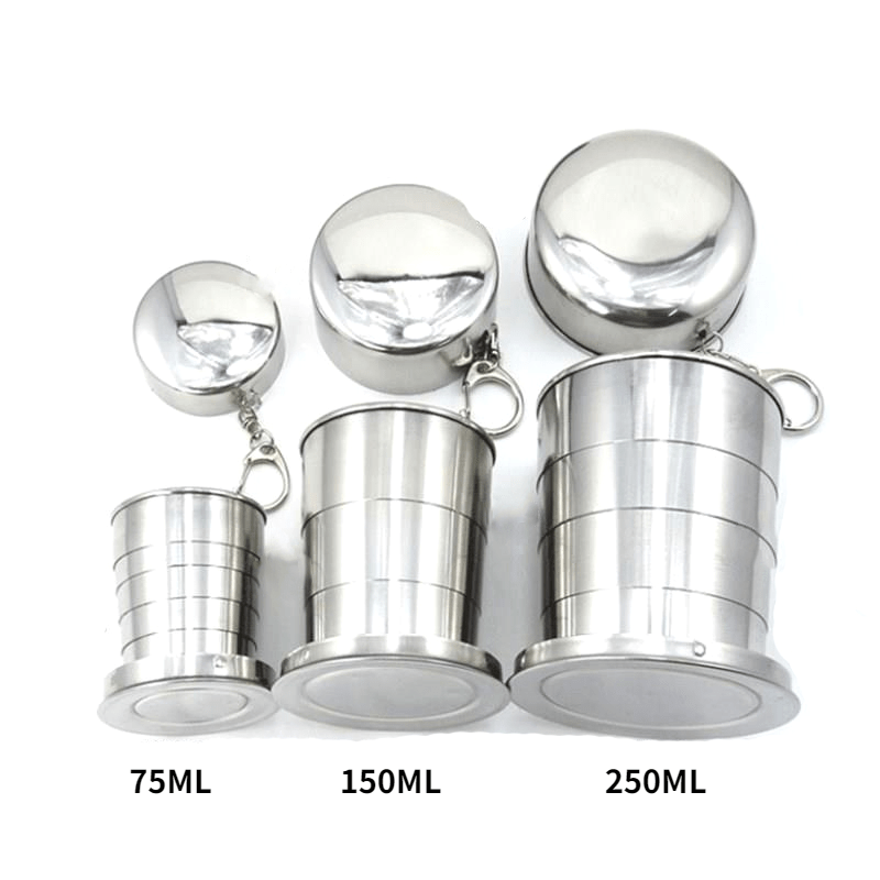 Stainless Steel Folding Cup with Keychain Portable Travel Camping Drinkware 75ml 150ml 250ml