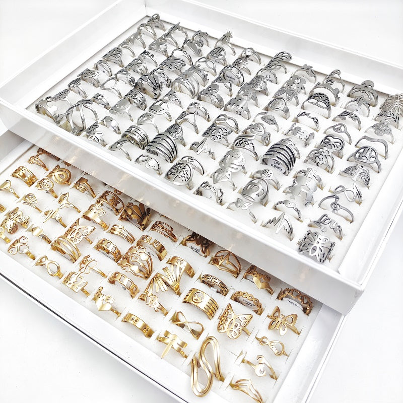 Set of 20 Stainless Steel Rings for Men Women Hollow Heart Butterfly Flower Geometric Gold Silver