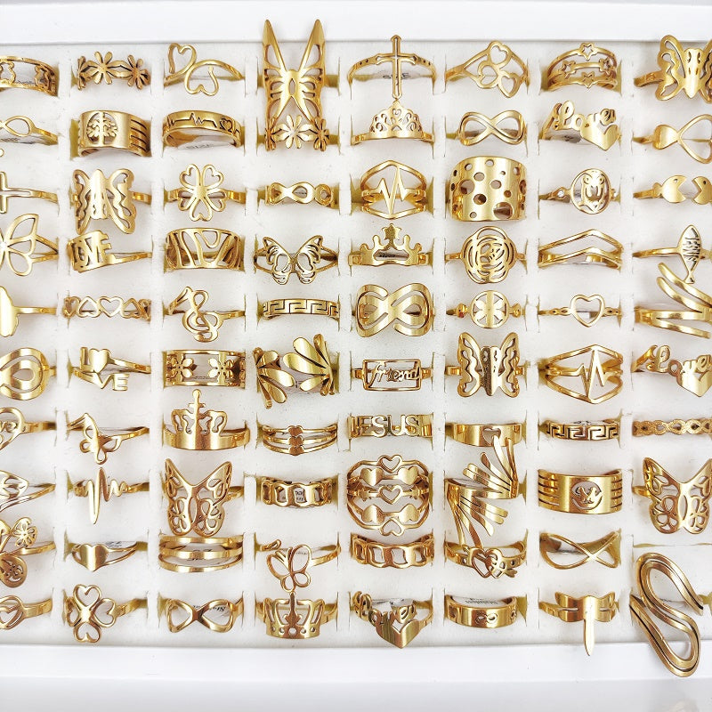 Set of 20 Stainless Steel Rings for Men Women Hollow Heart Butterfly Flower Geometric Gold Silver