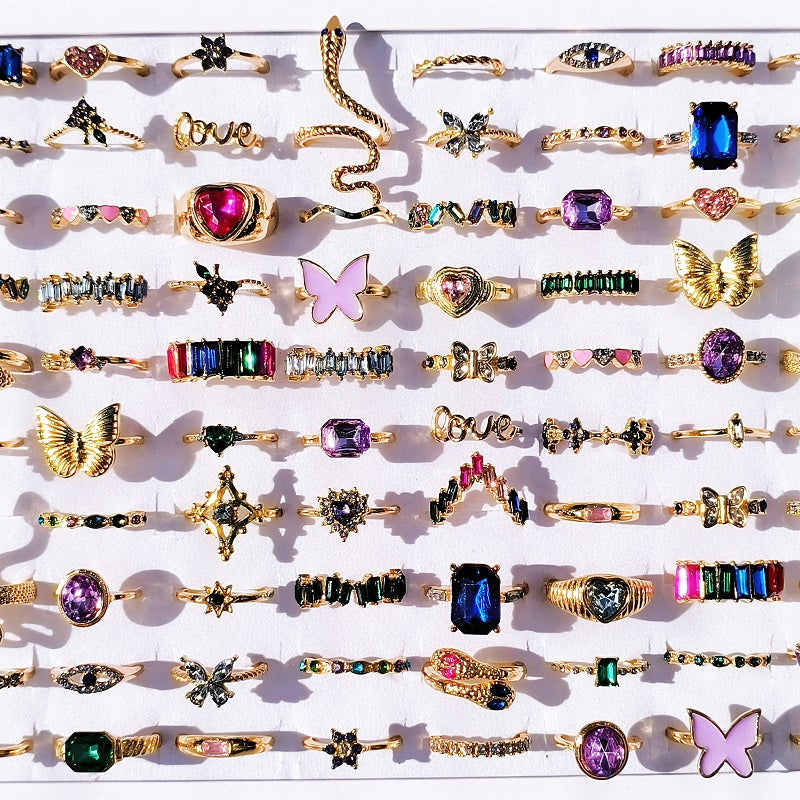 Лот из 20 модных цветных колец из кристаллического циркона с дизайном бабочек и змей из страз, идеально подходящих для стильных украшений на пальцы.