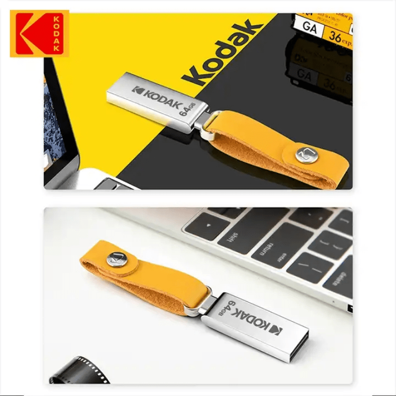 KODAK K122 USB 2.0 Metall Flesh Drayv zarbaga chidamli va 16GB, 32GB, 64GB va 128GB sig'imlarida mavjud.