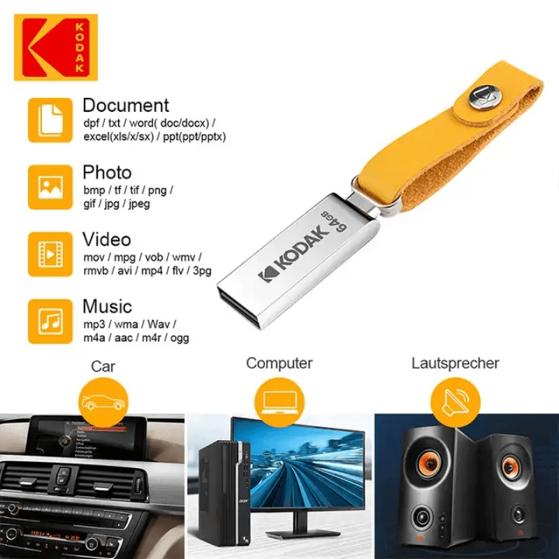 KODAK K122 USB 2.0 Metall Flesh Drayv zarbaga chidamli va 16GB, 32GB, 64GB va 128GB sig'imlarida mavjud.