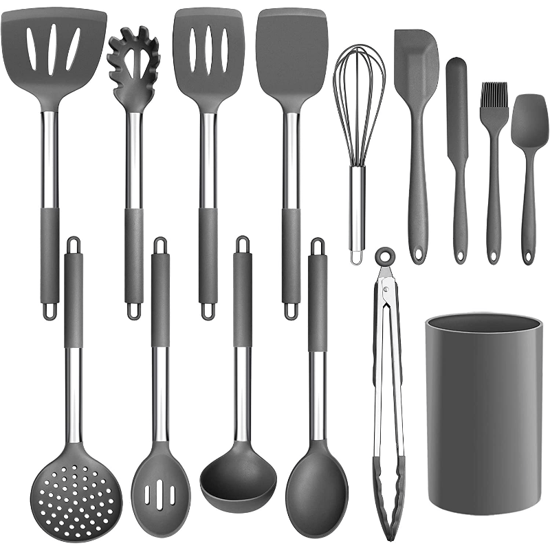 15-Piece Silicone Kitchen Utensil Set with Stainless Steel Handles for Cooking