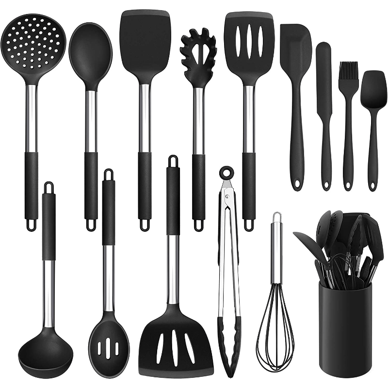 15-Piece Silicone Kitchen Utensil Set with Stainless Steel Handles for Cooking
