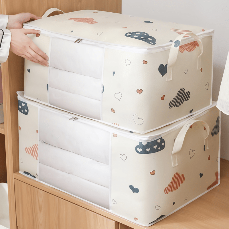 Extra-Large Foldable Storage Bag with Zipper Dustproof Moistureproof Beige Navy Heart Cloud Pattern