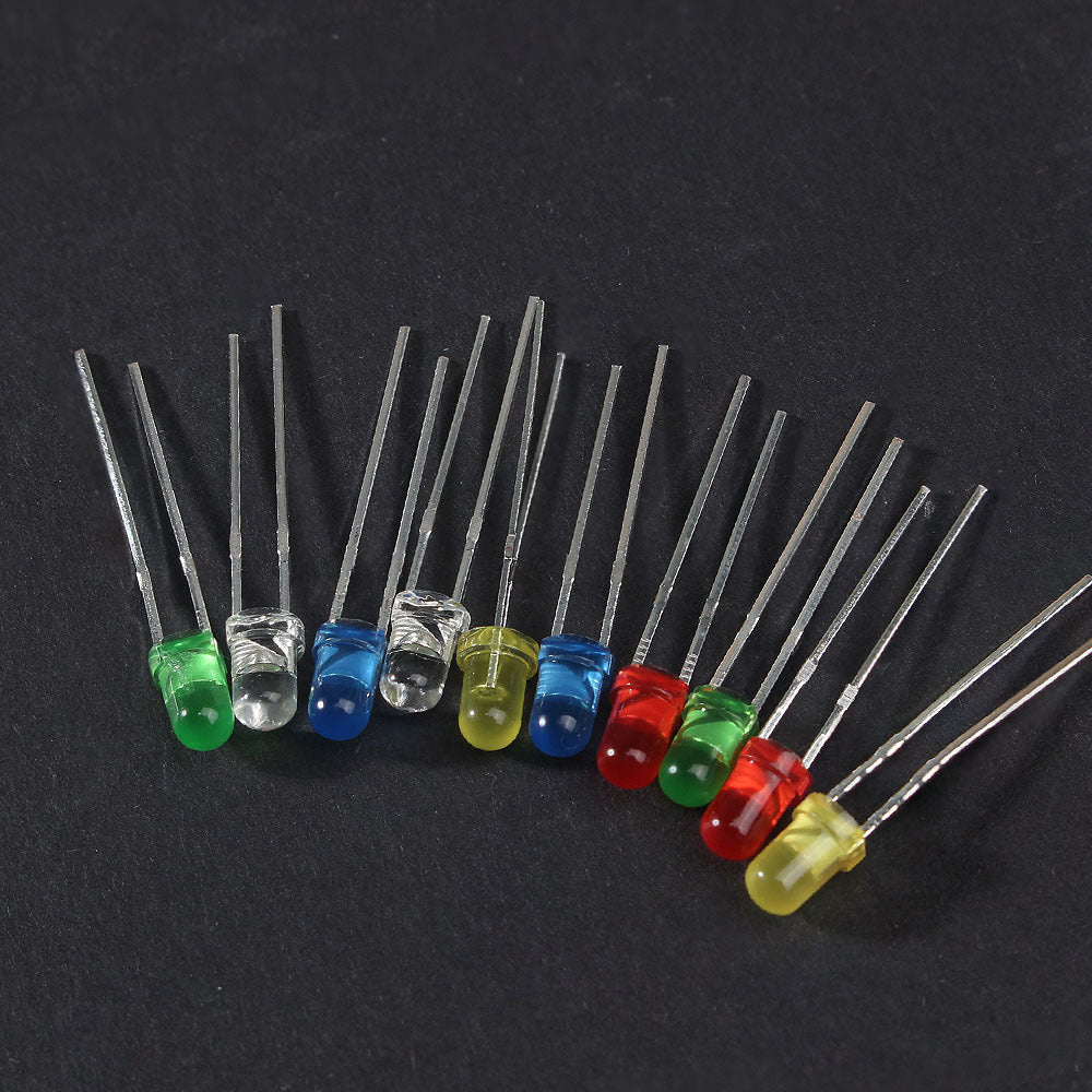 Elektronika uchun 100 dona LED diod to'plami Qizil Sariq Moviy Yashil Oq