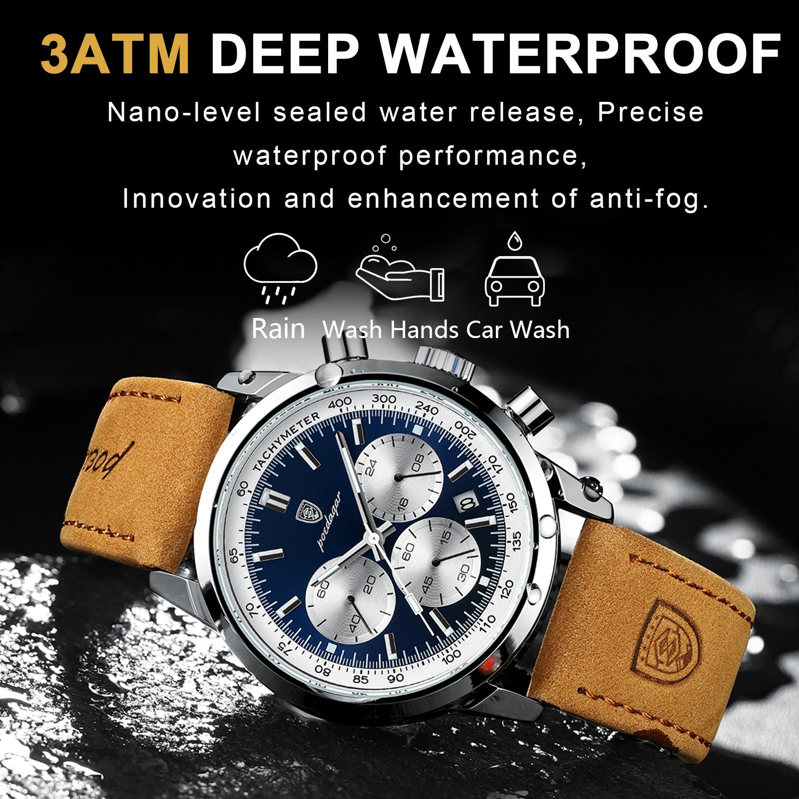 Men's Chronograph Wristwatch Leather Strap Luminous Dial Quartz Watch