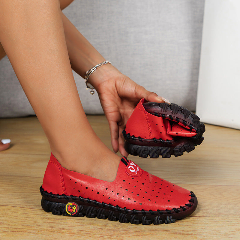 Women's Perforated Flat Shoes Solid Color Slip-On Breathable Loafers