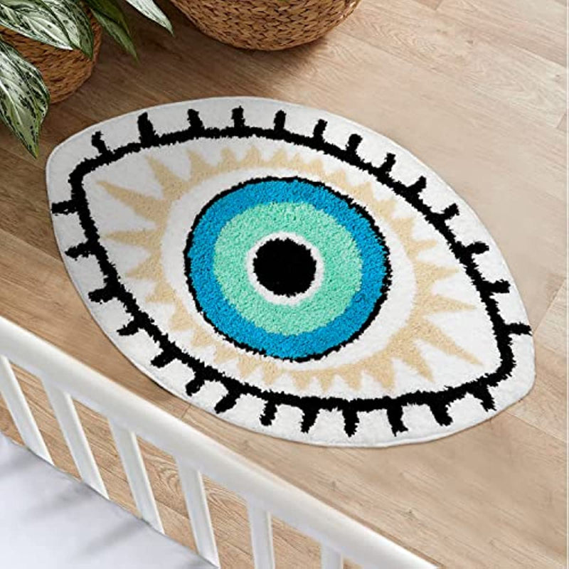 Absorbent White Evil Eye Rug Non-Slip Kitchen Bathroom Mat Shaggy Floor Carpet