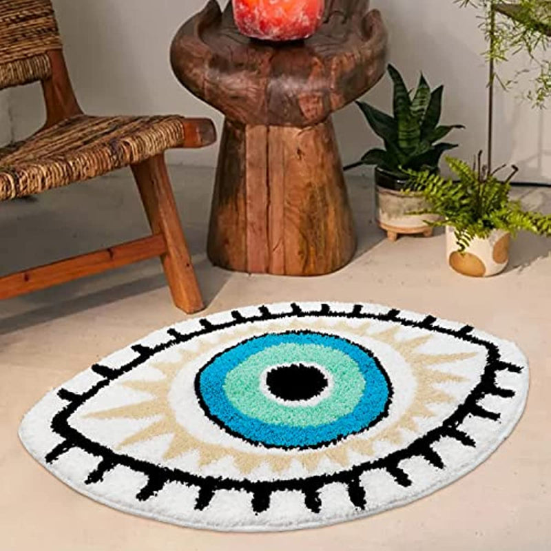 Absorbent White Evil Eye Rug Non-Slip Kitchen Bathroom Mat Shaggy Floor Carpet