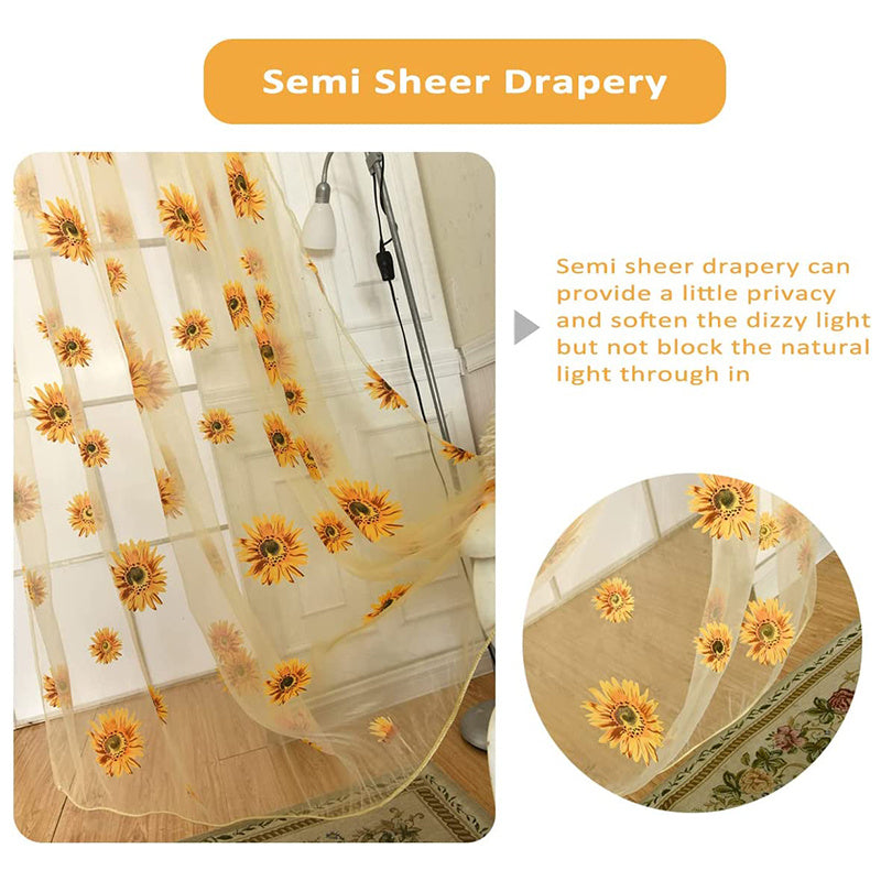Sheer Curtain 1 Piece Sunflower Print Breathable Transparent for Balcony Living Room Office