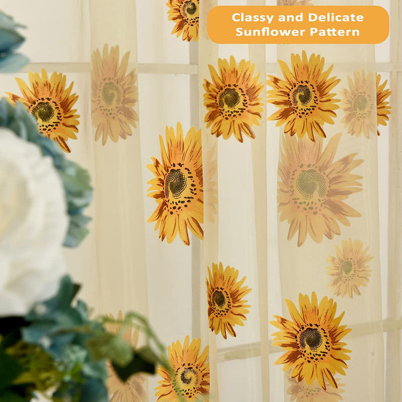 Sheer Curtain 1 Piece Sunflower Print Breathable Transparent for Balcony Living Room Office