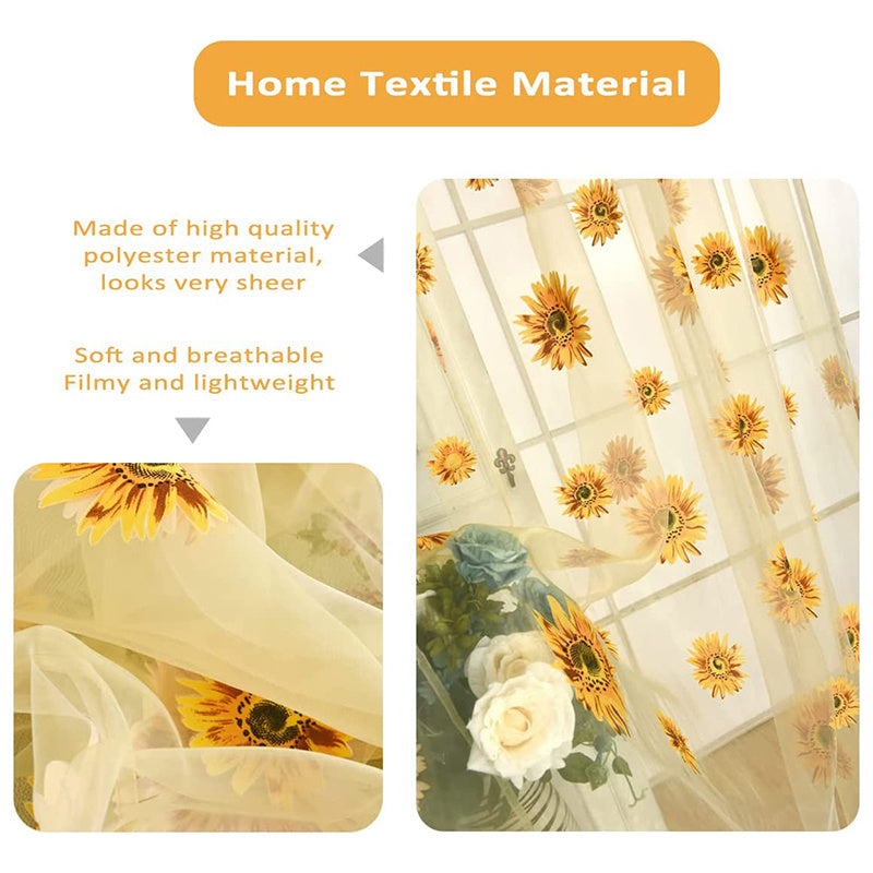 Sheer Curtain 1 Piece Sunflower Print Breathable Transparent for Balcony Living Room Office