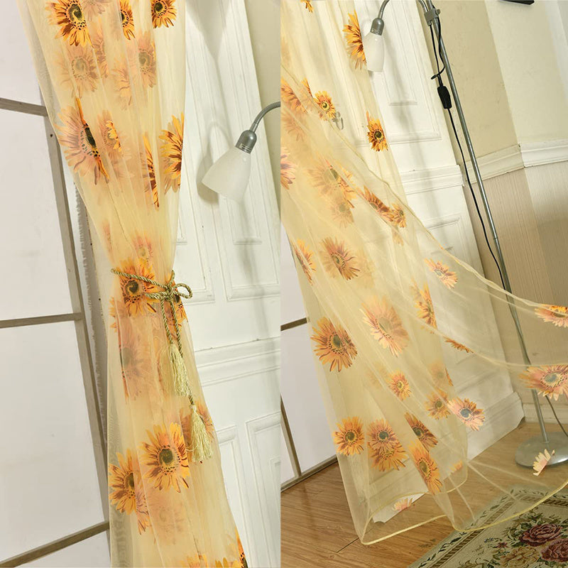 Sheer Curtain 1 Piece Sunflower Print Breathable Transparent for Balcony Living Room Office