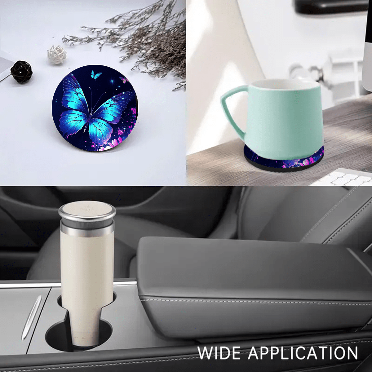 2 шт. подушечки для держателя стакана с изображением цветочного моря и синей бабочкой, из нескользящего неопрена