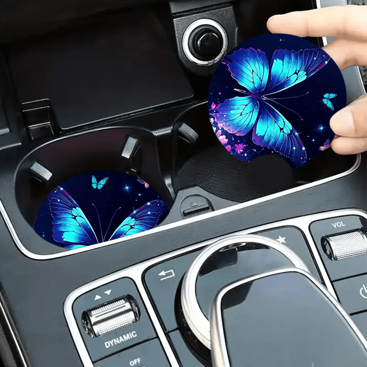 2pcs Flower Sea Blue Butterfly Car Cup Holder Cushions Non-slip Neoprene