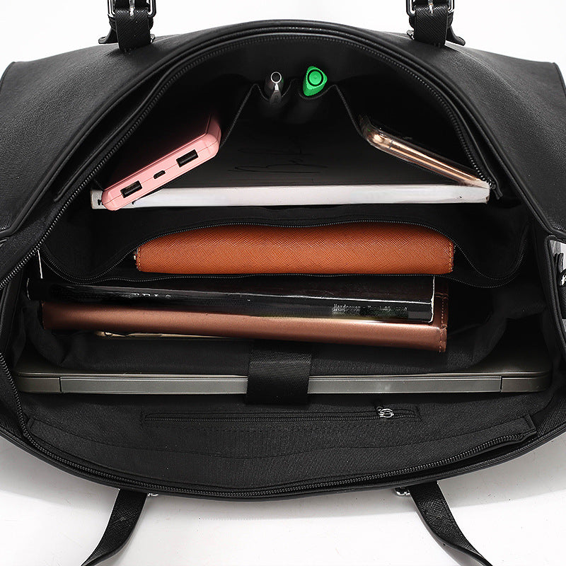 Large Capacity PU Leather Laptop Tote Bag for Casual and Commuter Use Black