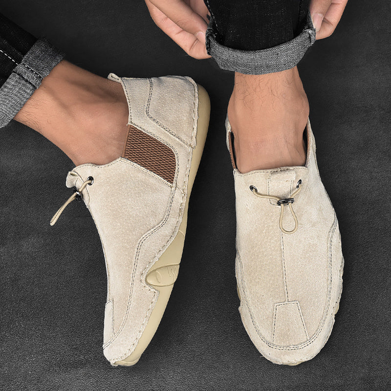 Men's Beige Loafers Leather Moccasin Shoes with Elastic Closure for All Seasons