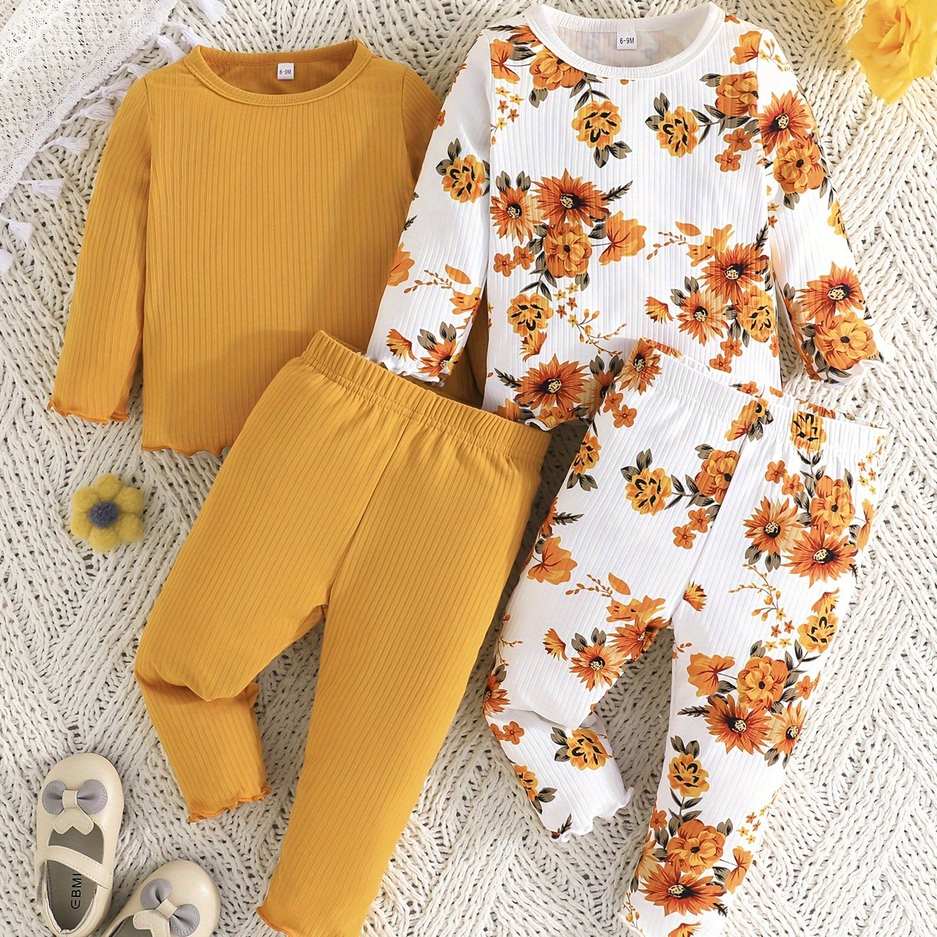 Girls' Outfit Set 4-Piece Pink Long Sleeve Top Floral Pants Polyester Blend Comfortable Outdoor Wear