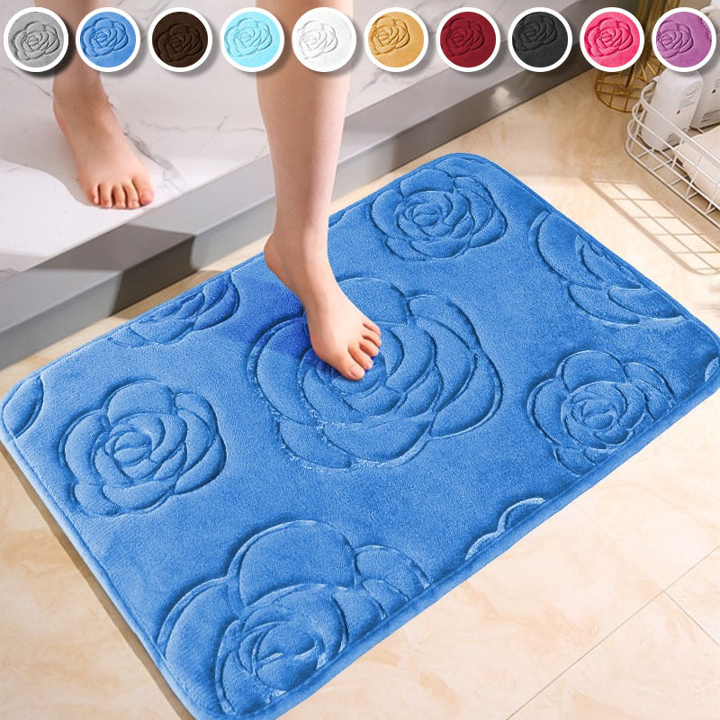Blue and White Floral Bathroom Mat Plush Anti-Slip Absorbent Soft Rug