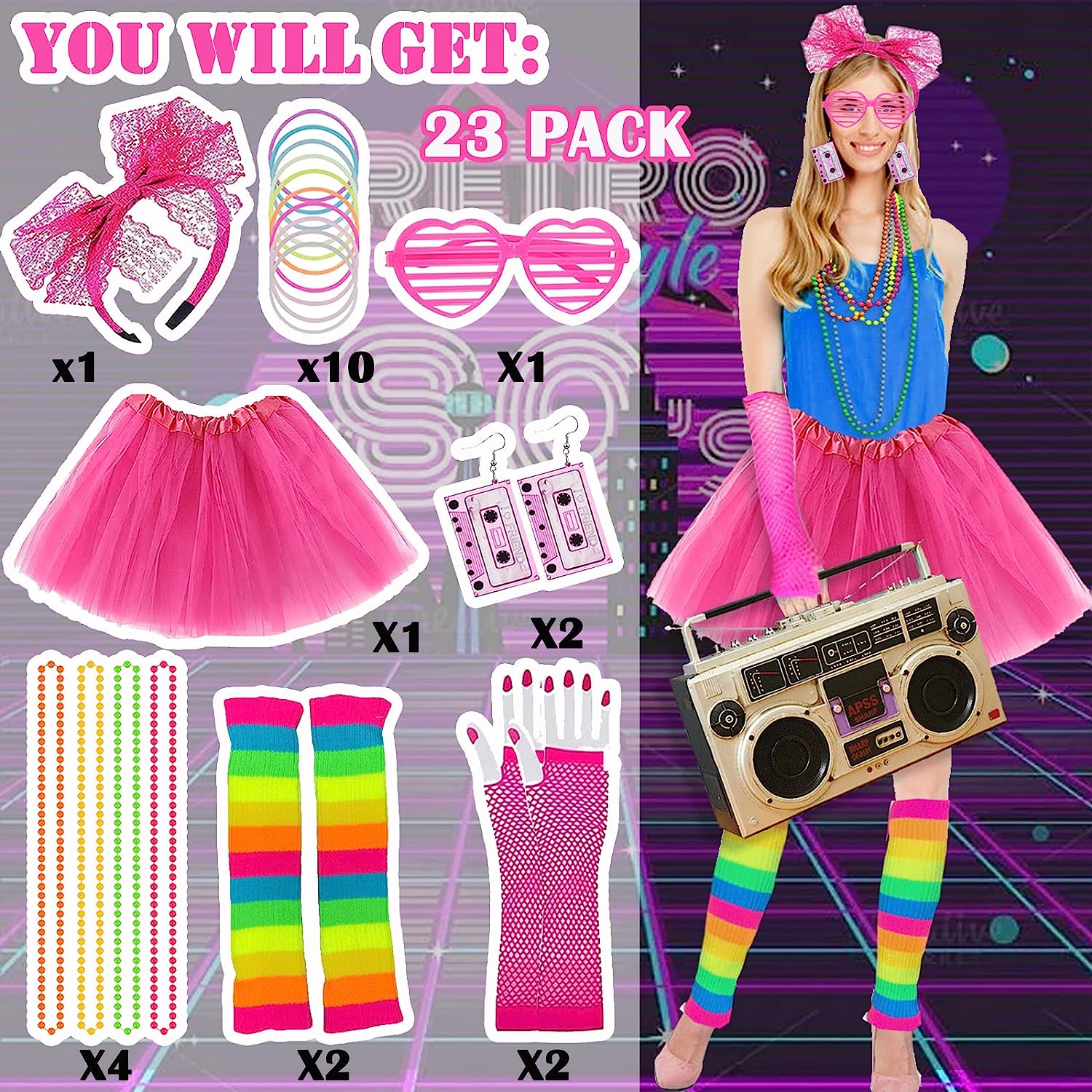 Women's 80s Fancy Dress Costume Set Tutu Skirt Leg Warmers Necklace Accessories