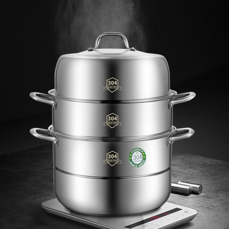Large Capacity 3-Tier Stainless Steel Kitchen Steamer Set for Soup Seafood