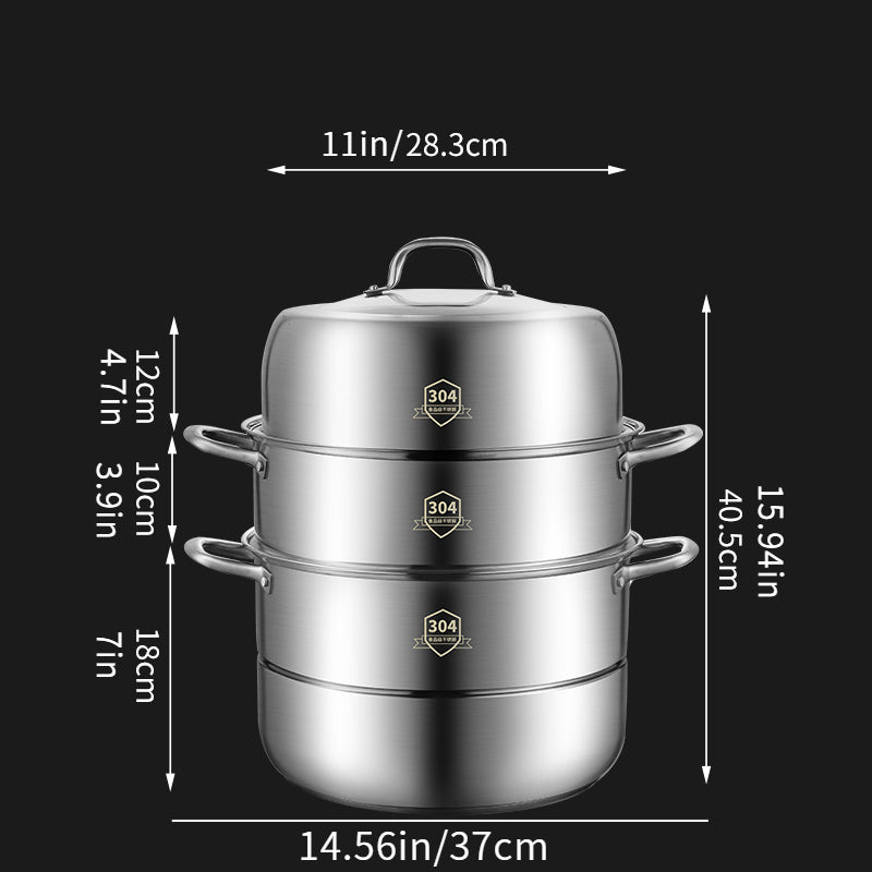 Large Capacity 3-Tier Stainless Steel Kitchen Steamer Set for Soup Seafood