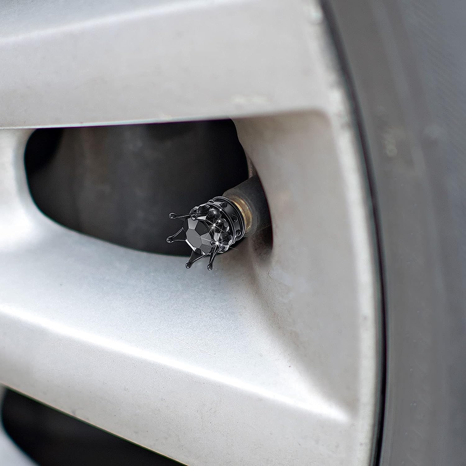 4pcs Crown Shaped Tire Valve Stem Caps Bling Rhinestone Chrome Car Accessories