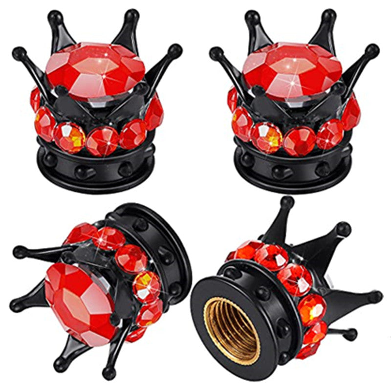 4pcs Crown Shaped Tire Valve Stem Caps Bling Rhinestone Chrome Car Accessories