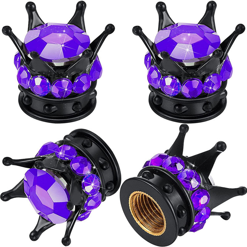 4pcs Crown Shaped Tire Valve Stem Caps Bling Rhinestone Chrome Car Accessories