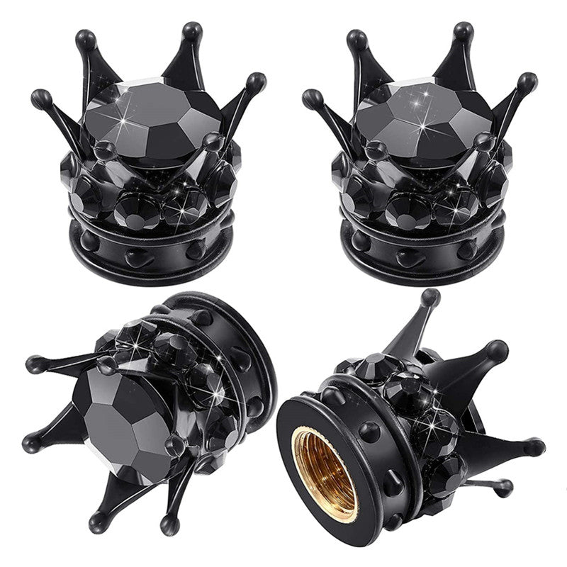 4pcs Crown Shaped Tire Valve Stem Caps Bling Rhinestone Chrome Car Accessories