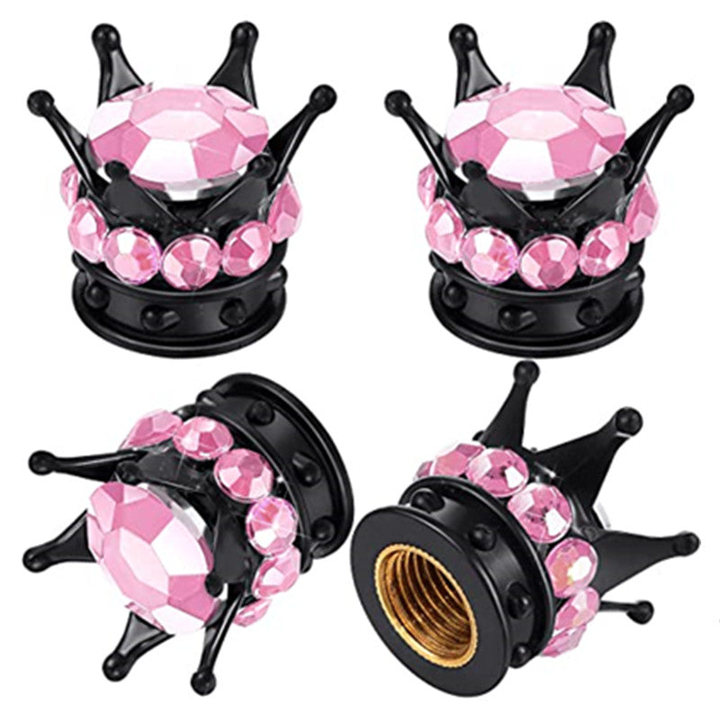 4pcs Crown Shaped Tire Valve Stem Caps Bling Rhinestone Chrome Car Accessories