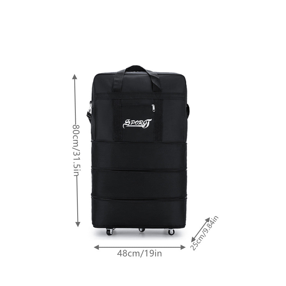 Multilayer Wheeled Duffel Bag Lightweight Nylon Travel Trolley Suitcase Black