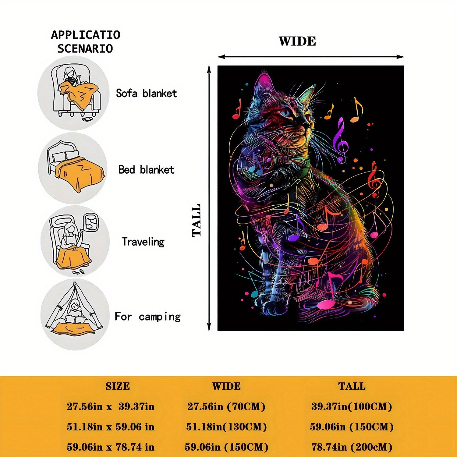 Rang-barang musiqa mushuk bosma flanel yostiq uchun yostiq, sayohat, sayohat uchun yengil 200-250gsm
