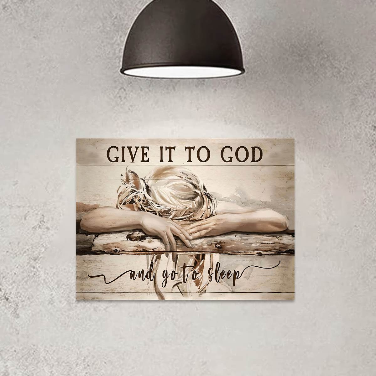Christian Canvas Wall Art Religious Landscape Scene with Sleeping Girl Giving Worries to God for Home Decor
