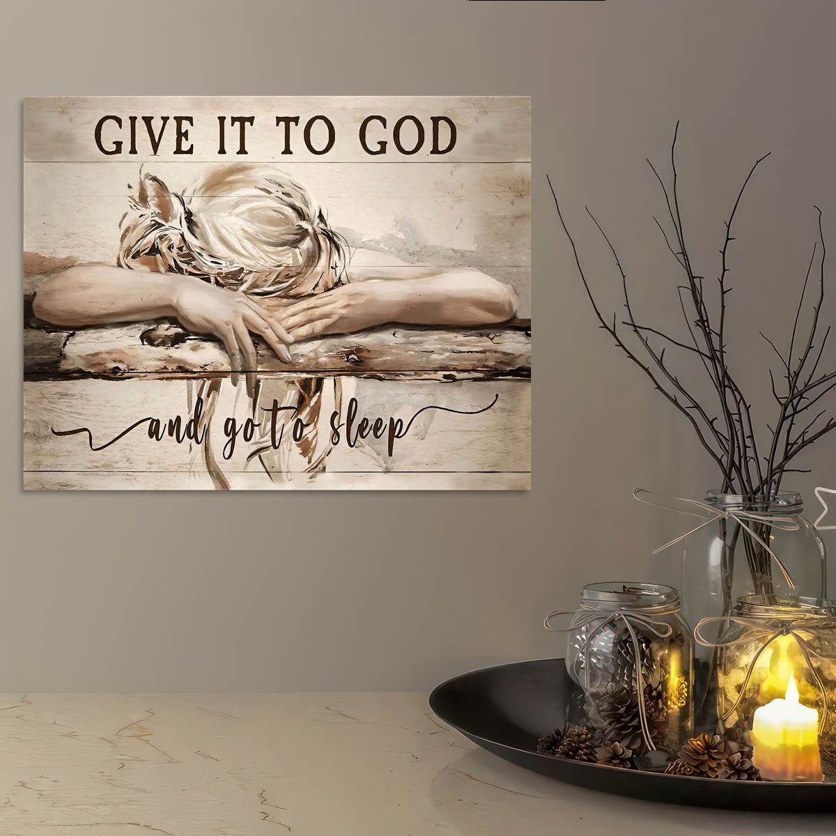 Christian Canvas Wall Art Religious Landscape Scene with Sleeping Girl Giving Worries to God for Home Decor