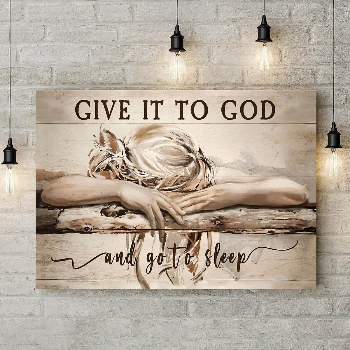 Christian Canvas Wall Art Religious Landscape Scene with Sleeping Girl Giving Worries to God for Home Decor