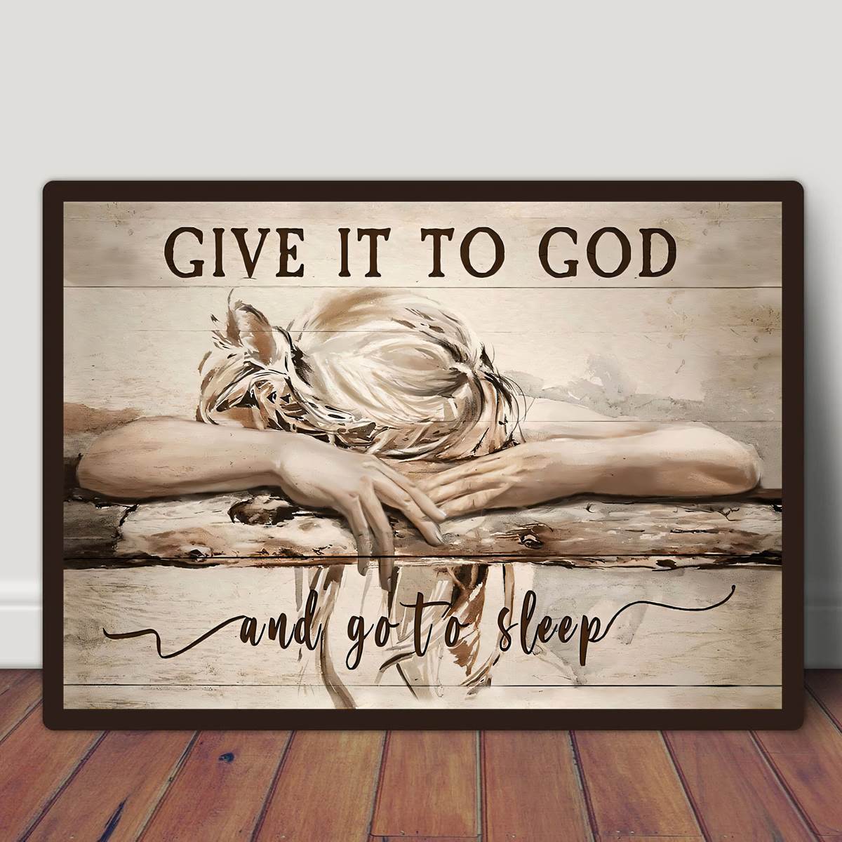 Christian Canvas Wall Art Religious Landscape Scene with Sleeping Girl Giving Worries to God for Home Decor