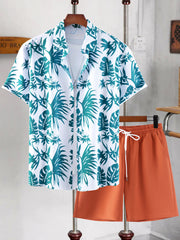 Men's Plus Size Tropical Print Casual Shirt and Shorts Set Polyester Regular Fit Summer Outfit