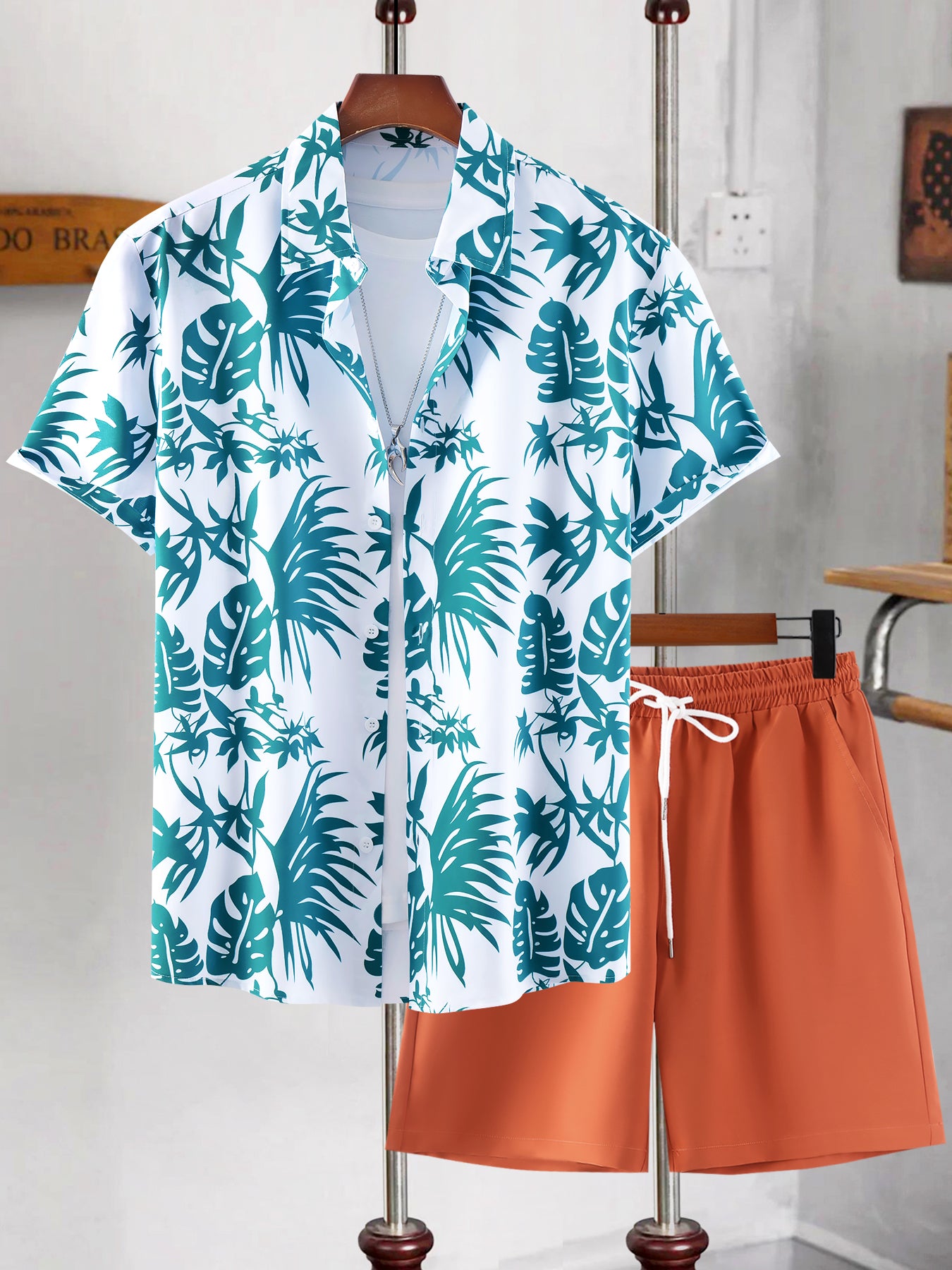 Men's Plus Size Tropical Print Casual Shirt and Shorts Set Polyester Regular Fit Summer Outfit