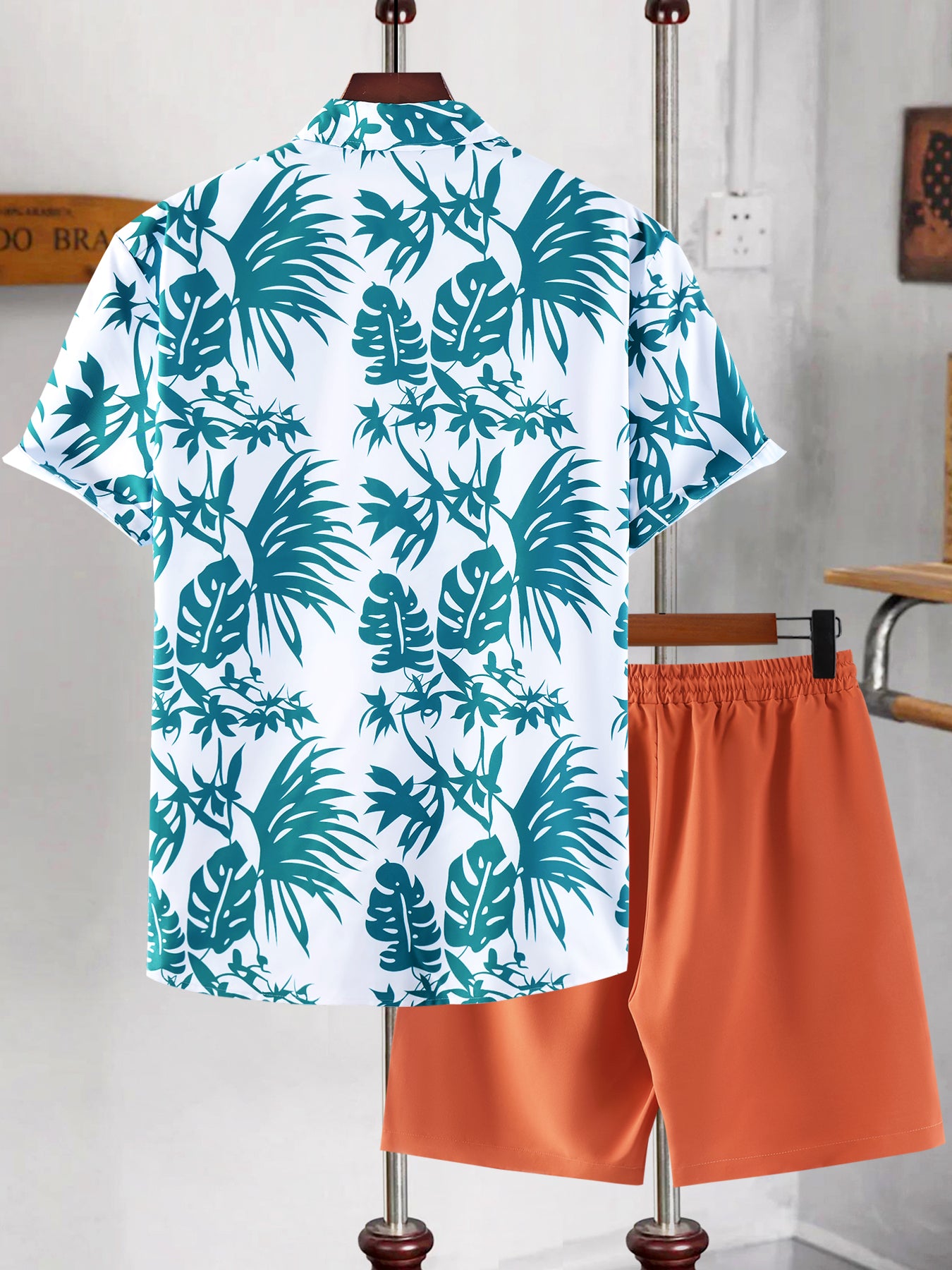 Мужской комплект из рубашки и шорт с тропическим принтом большого размера, полиэстер, классический крой, летний наряд