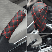 2pcs Faux Leather Gear Shift Knob and Handbrake Cover Set - Anti-Slip Red Stitching Car Interior Accessories