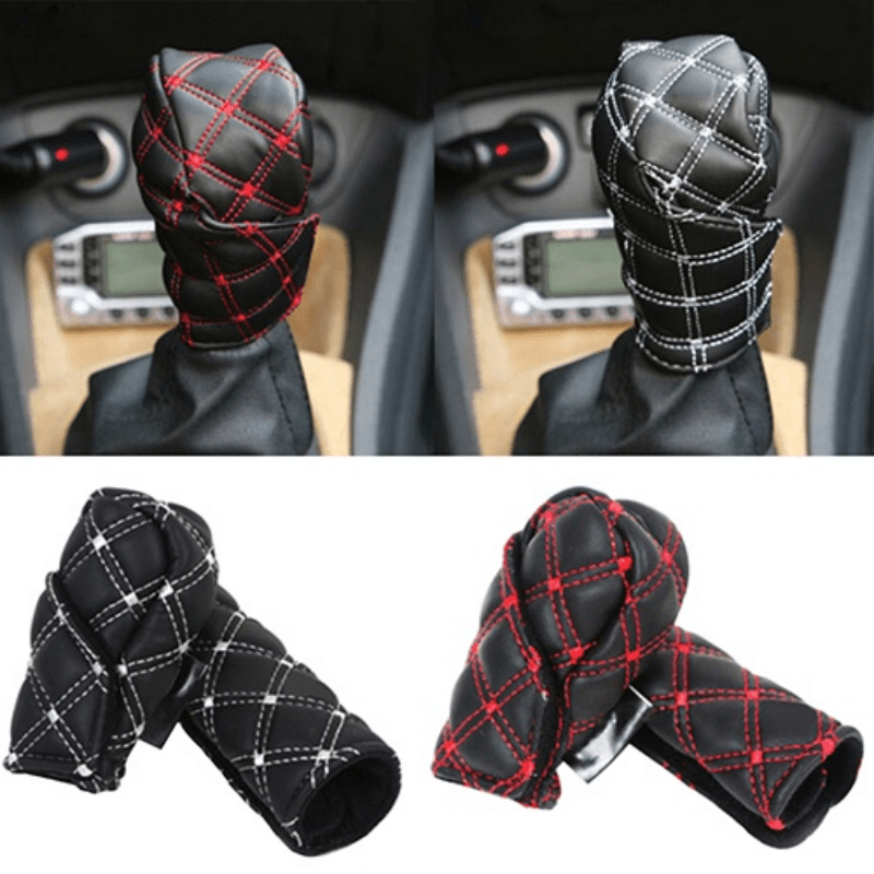 2pcs Faux Leather Gear Shift Knob and Handbrake Cover Set - Anti-Slip Red Stitching Car Interior Accessories