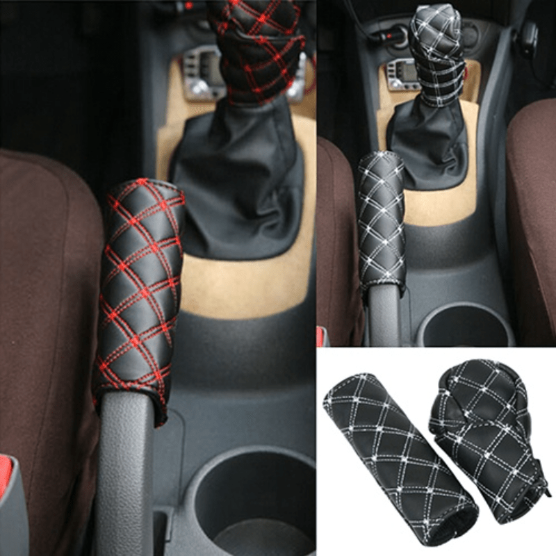 2pcs Faux Leather Gear Shift Knob and Handbrake Cover Set - Anti-Slip Red Stitching Car Interior Accessories